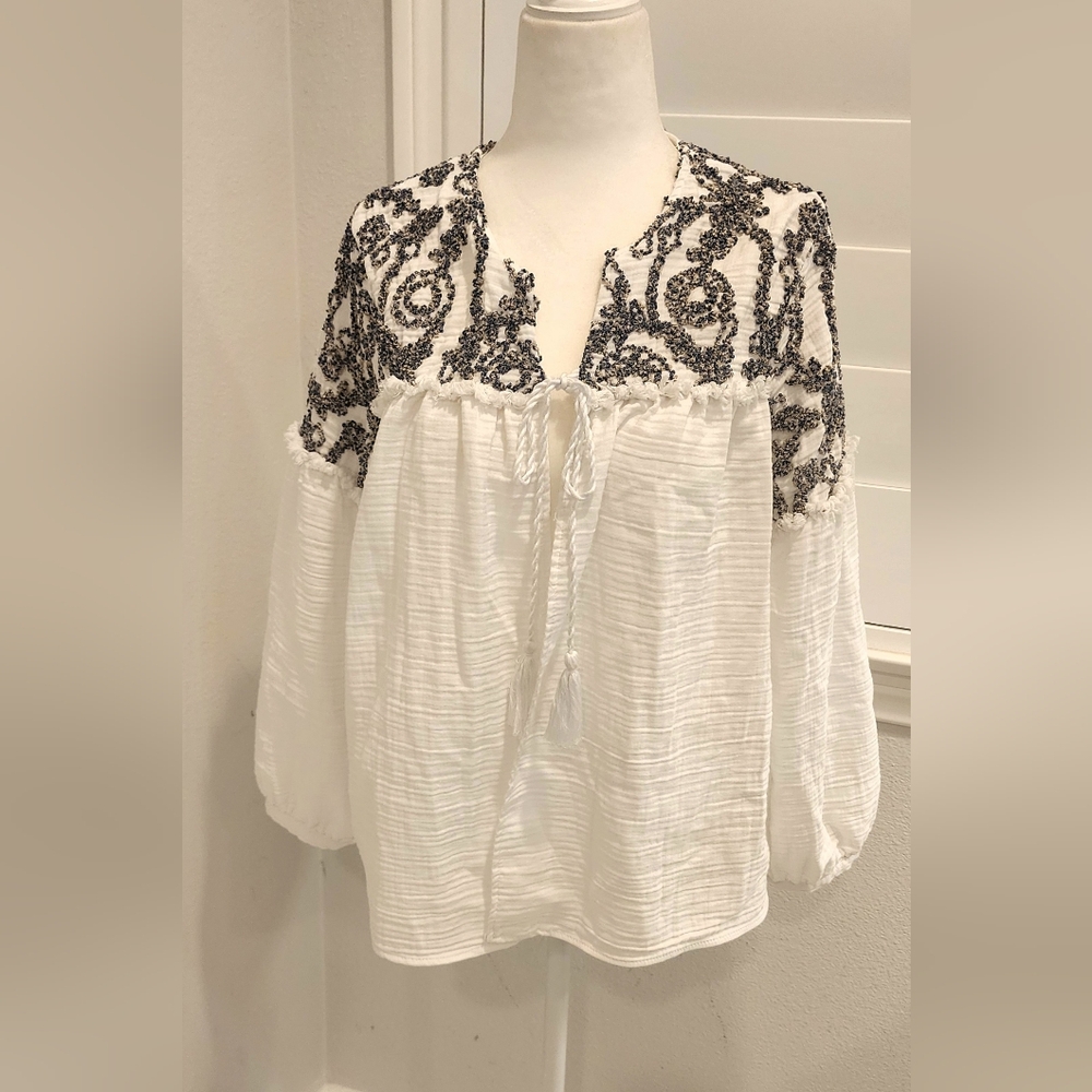 Zara Dark Blue/grey and White Embellished Long Sleeve Light Weight Cardigan